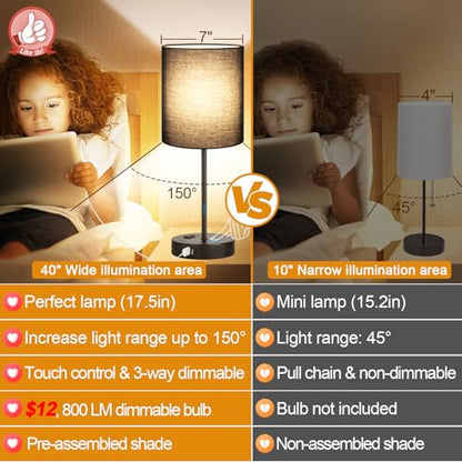 Lynnoland 2 Pack Touch Control Table Lamps with 2 USB & AC Outlet, 3-Way Dimmable Bedside Nightstand Lamps for Bedroom Living Room Nursery, 800 Lumens 3000K Warmlight Bulbs Included - color: (2 Pack)Black & Black(Base)-3000K Bulbs Included