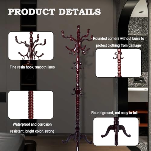 Coat Racks FreeStanding with 14 Hooks, Natural Wood Coat Rack with Solid Round Base, Adjustable Height Coat Racks, Easy Assembly for Hallway, Bedroom and Office (Reddish brown-Tri-Legged Base) - color: Reddish brown-Tri-Legged Base