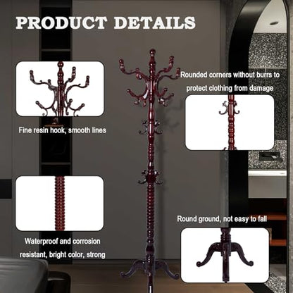 Coat Racks FreeStanding with 14 Hooks, Natural Wood Coat Rack with Solid Round Base, Adjustable Height Coat Racks, Easy Assembly for Hallway, Bedroom and Office (Reddish brown-Tri-Legged Base) - color: Reddish brown-Tri-Legged Base