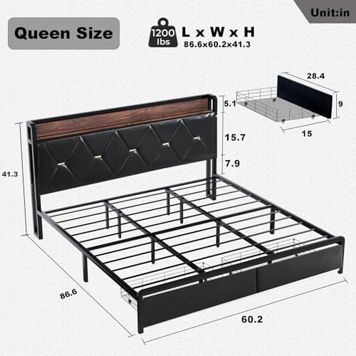 Ailisite Queen Size Bed Frame with Headboard and Storage, Upholstered Black Platform Bed Frame with Typ-C Charging Station,Led Queen Bed Frame with 2 Storage Drawers Upholstered Bed,No Box Spring Need - color: Black, size: Queen
