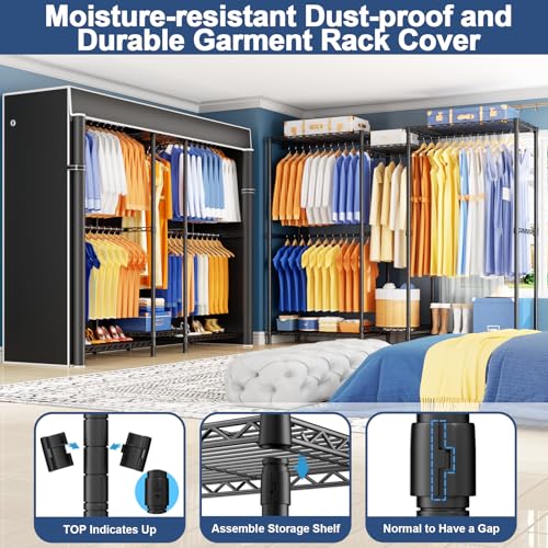 E12C Pro Heavy Duty Closet Organizer System，Freestanding Clothing Rack, Adjustable Garment Rack 71" W x 16" D x 76.5" H Holds 960 lbs, Black Rack with Black Dustproof Cover - color: Black Rack With Black Cover, size: E12C Pro