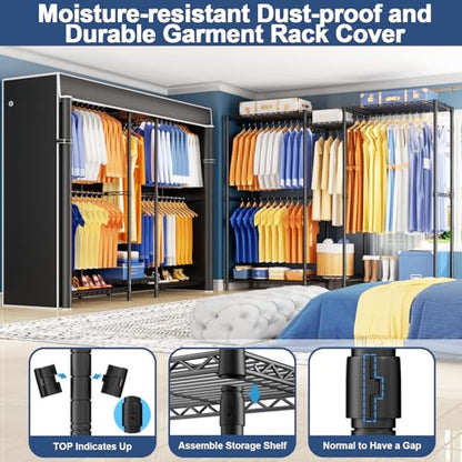 E12C Pro Heavy Duty Closet Organizer System，Freestanding Clothing Rack, Adjustable Garment Rack 71" W x 16" D x 76.5" H Holds 960 lbs, Black Rack with Black Dustproof Cover - color: Black Rack With Black Cover, size: E12C Pro