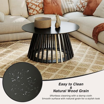 HNY Black Round Coffee Table, Wood 31.5" Center Table for Living Room | Modern Mid Century Circle Coffee Table with Fluted Base for Outdoor Patio, Home Small Space, Bedroom, Apartment, Studio - color: Black