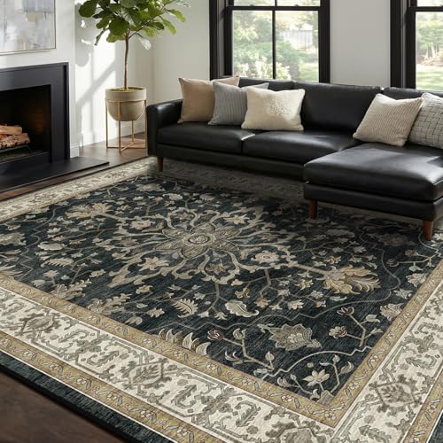 RELEANY Washable Vacuum-Friendly Area Rugs 8'x10' Black/Vintage | Low Pile Stain-Resistant, Soft Non-Slip, Floral Vintage Distress Print Pattern Medallion, for Living Room Bedroom Hallway - color: Black/Vintage, size: 8' x 10' (Rectangular)