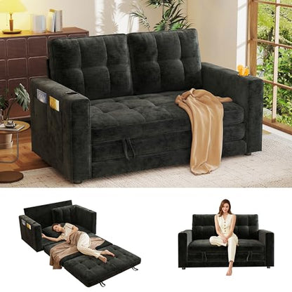 55" Convertible Folding Sofa Bed, Pull Out Couch Love Seat Sleeper Bed, Small Fold Out Loveseat Sleeper with Cup Holder and Pillow for Small Space, Bedroom Lounge, Dorm, Living Room(Black Chenille) - color: Black