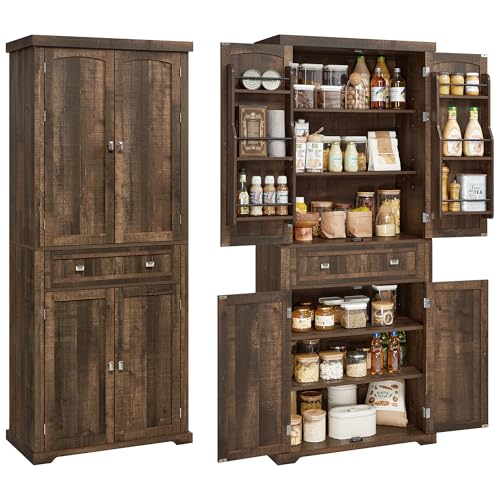 VASAGLE Pantry Cabinet, Freestanding Tall Cupboard with a Drawer | Freestanding cupboard with 2 cabinets, 6 adjustable shelves, Deep Brown, UBBK561K01 - color: Deep Brown, style: Modern