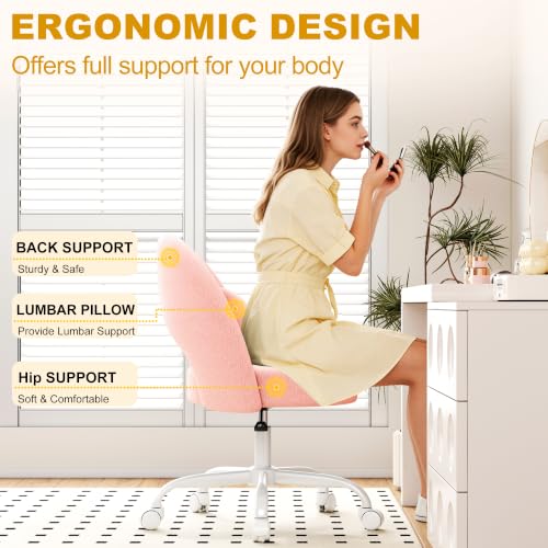 Misolant Vanity Chair with Back, Armless Cute Office Chair with Wheels for Girls, Teddy Fleece Fabric Small Desk Chairs with Adjustable Height, Lumbar Support Pillow, 360°Swivel for Makeup Room, Pink - color: Pink