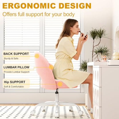 Misolant Vanity Chair with Back, Armless Cute Office Chair with Wheels for Girls, Teddy Fleece Fabric Small Desk Chairs with Adjustable Height, Lumbar Support Pillow, 360°Swivel for Makeup Room, Pink - color: Pink