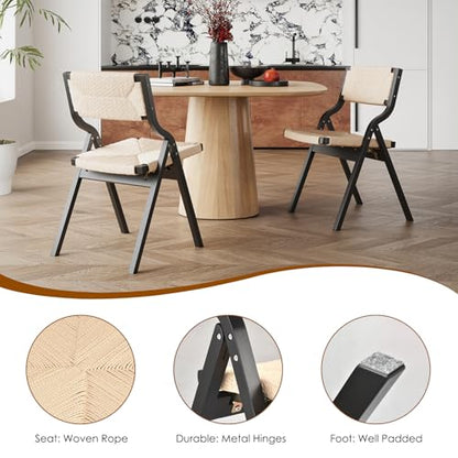 Wood Folding Chairs, Foldable Chairs Wooden Indoor Stackable Dining Chairs for Kitchen & Dining Room Chair Woven Seat & Webbing Back, Dining Chair Set of 2 - color: Black/Natural, Woven Rope
