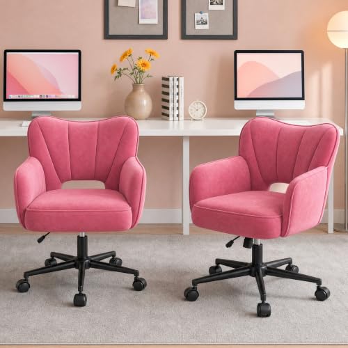 DurayLoly Desk Chair with Shell Back & 360° Swivel Wheels | Comfy Velet Vanity Chair,Adjustable Height,Stylish and Comfortable for Makeup, Work & Relaxation,Dusty Rose - color: Dusty Rose