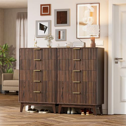 5-Drawer Dresser Fluted Drawers, Mid-Century, Walnut | 31"W x 15.4"D x 48"H, 130 lbs top / 40 lbs per drawer (7.7"H), 5 fluted drawers, gold handles, anti-tip straps - size: 15.4"D x 31"W x 48"H (5 Drawers)