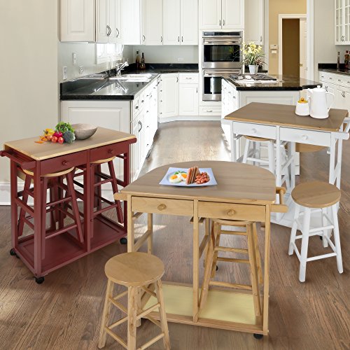 Casual Home Drop Leaf Breakfast Cart with 2 Stools-Red - color: Natural&red