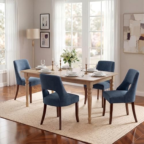 UVV Wooden Dining Chairs Set of 4, Mid Century Upholstered Dining Room Chair Kitchen Chairs, Chenille Dinner Chair with Solid Wood Legs for Kitchen Dining Room, Navy Blue - color: Navy Blue, size: Set of 4