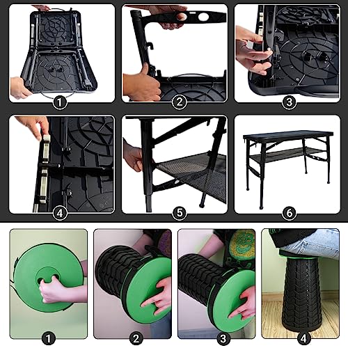 Small Folding Table and Stool, Portable, Adjustable Height, Camping & Picnic Table, 4 Foot, Lightweight - color: Green