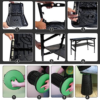 Small Folding Table and Stool, Portable, Adjustable Height, Camping & Picnic Table, 4 Foot, Lightweight - color: Green