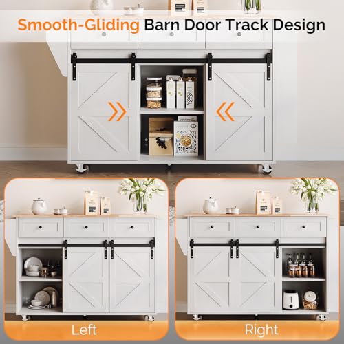 VINGLI 52" W Kitchen Island with Storage and Drop Leaf, Washed White | Farmhouse Rolling Cart with 3 Drawers, Sliding Barn Doors, Adjustable Shelves, Side Rack and Locking Wheels - color: White 2-box