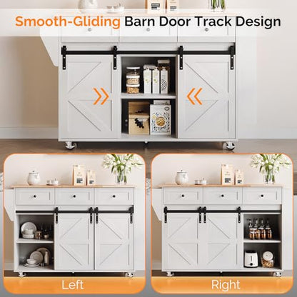 VINGLI 52" W Kitchen Island with Storage and Drop Leaf, Washed White | Farmhouse Rolling Cart with 3 Drawers, Sliding Barn Doors, Adjustable Shelves, Side Rack and Locking Wheels - color: White 2-box