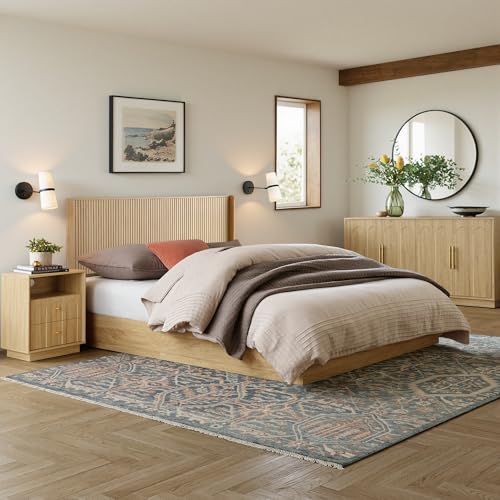 64.1" Queen Size Wood Headboard, Fluted Panel Headboard,Oak | Modern Farmhouse Head Board, Wall Mounted Headboards, Wingback Boho Head Board for Adjustable Bed, Easy to Assembly - color: Oak, size: Queen