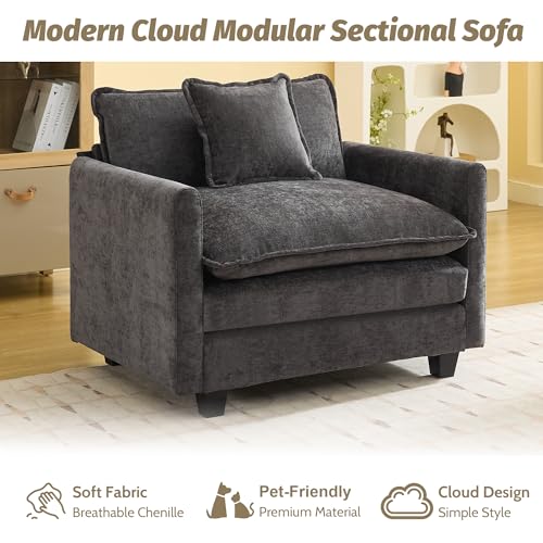 WUTUTUEE 41'' Modern Chenille Oversized Chair, Upholstered Accent Living Room Chair with Extra Thicked Deep Seat, Single Lounge Chair for Bedroom, Small Apartment, Dark Grey - color: Dark Grey, size: 41'' Single Seat