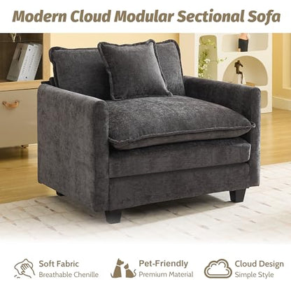 WUTUTUEE 41'' Modern Chenille Oversized Chair, Upholstered Accent Living Room Chair with Extra Thicked Deep Seat, Single Lounge Chair for Bedroom, Small Apartment, Dark Grey - color: Dark Grey, size: 41'' Single Seat