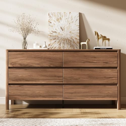 MAISONARIA Walnut 3-Piece Dresser Bedroom Set, 6 Drawers Dresser & 3 Drawer Nightstands with Hidden Handles, Wood Chest of Drawers for Bedroom, Living Room, Entryway - color: Walnut, size: 6+3