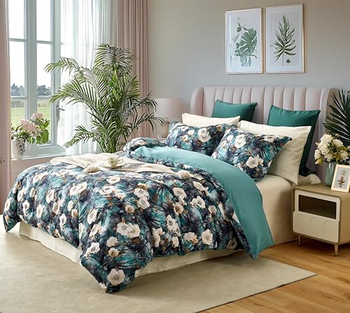 Cupocupa Duvet Cover Queen Size Set Boho Floral Pattern Queen Duvet Cover Set for Queen Size Bed Vintage Soft Bedding Leaf Print Duvet Cover with Pillowcases - color: Emerald Green, size: Queen