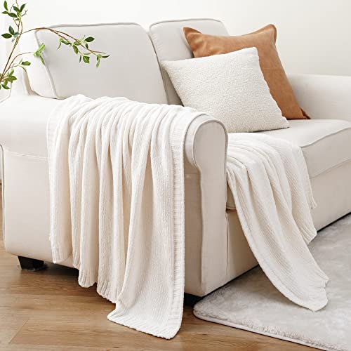 Chenille Throw Blanket for Couch, Knit Throw Blanket 51"x67", Ivory White | Shiny White Chenille Blanket, Neutral Throw Blanket, Soft Midweight Knitted Blanket for Sofa Bed Home Decor - color: Ivory