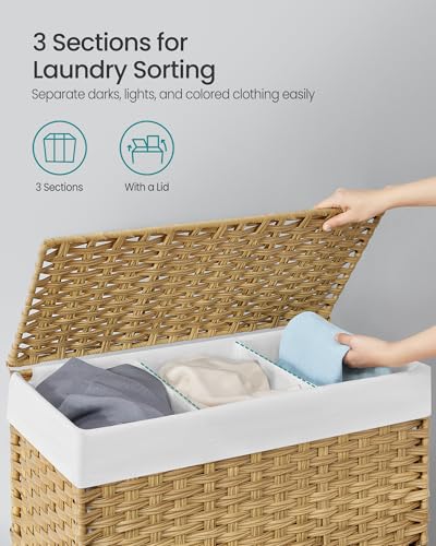 SONGMICS Laundry Hamper with Lid, 42.3 Gallons (160 L), Rolling Laundry Basket with Wheels, 3-Section Synthetic Rattan, Removable Liner, Bedroom, 29.9 x 13 x 26 Inches, Natural ULCB365N01 - color: Natural, size: 160 L
