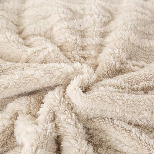 YUSOKI Sherpa Fleece Queen Size Blanket, Linen, 90"x90" | 3D Stylish Design,320GSM, Non-Shedding, Lightweight for All Season Use, stays fluffy after repeated washes, Perfect Gifts - color: Linen-(without Pillows), size: Queen (90" x 90")