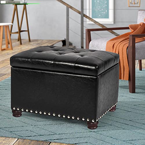 Leather Storage Ottoman, 24" Rectangle Tufted Foot Rest Stool, for Living Room Bedroom, Midnight Black - color: Midnight Black