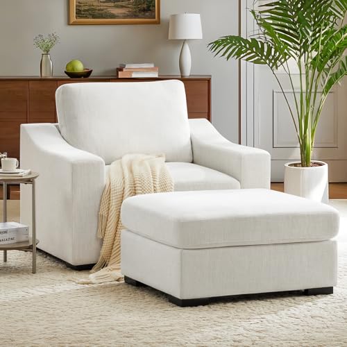 47" Oversized Single Sofa with Ottoman, Upholstered Chaise Lounge Comfy Sleeper Chair with Soild Wood Frame, Deep Seat Sofa Couch for Living Room Bedroom Apartment, Linen, White - color: White, size: 51 Inch - Single Sofa + Ottoman