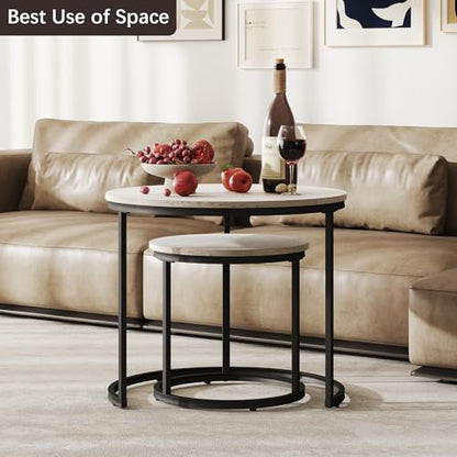 Otterease Nesting Tables Set of 2, Small Round Coffee Table for Living Room | Nesting Coffee Table with Adjustable Non-Slip Feet, Wood Grain Top Nesting Table for Living Room, Bedroom (Wood Grain Grey) - color: 23.6" Wood Grain Grey