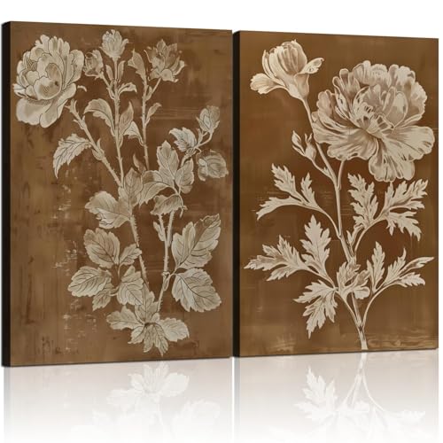 2 Piece Vintage Botanical Floral Wall Art Brown Flowers Wall Decor Vintage Botanical Prints Nature Boho Vintage Home Decor Print for Living Room Bedroom 16x24 Inch Ready to Hang - color: Brown Botanical, size: 24"L x 16"W