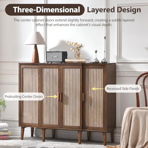 Ahokua 47.5" Fluted Sideboard Cabinet with Adjustable Shelves, Wood Storage Cabinet, Slim Buffet Cabinet for Dining Room, Entryway, Coffee Bar, Living Room, Walnut Brown