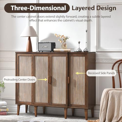 Ahokua 47.5" Fluted Sideboard Cabinet with Adjustable Shelves, Wood Storage Cabinet, Slim Buffet Cabinet for Dining Room, Entryway, Coffee Bar, Living Room, Walnut Brown