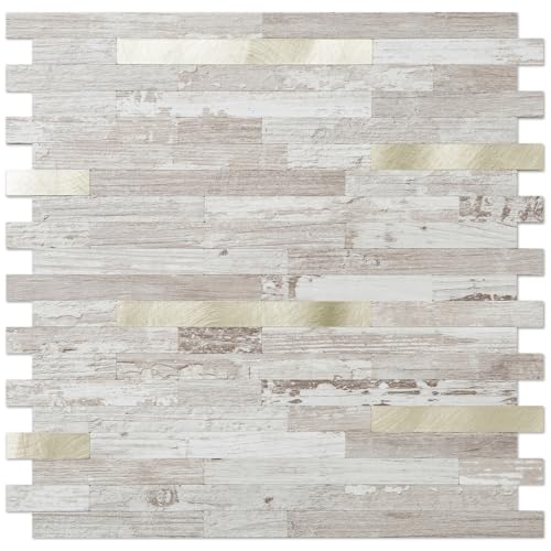 DICOFUN 10-Sheet Peel and Stick Backsplash Tile, Brown Birch Wood Look PVC Mixed Metal Gold Stick on Backsplash Tiles for Kitchen, 9.4 sq.ft - color: Brown Birch and Metal Gold, size: 10 Sheets, 12’’x12’’x0.12’’