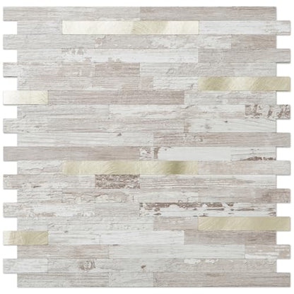 DICOFUN 10-Sheet Peel and Stick Backsplash Tile, Brown Birch Wood Look PVC Mixed Metal Gold Stick on Backsplash Tiles for Kitchen, 9.4 sq.ft - color: Brown Birch and Metal Gold, size: 10 Sheets, 12’’x12’’x0.12’’