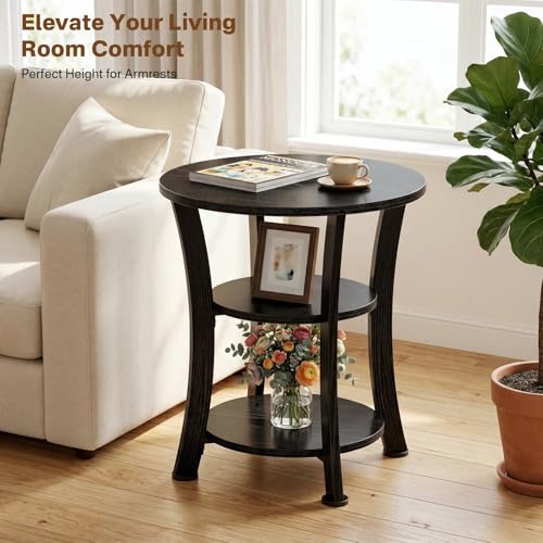 Round End Table 3 Tier Side Table, Small Space Nightstand | 19.7 inch Circle Coffee Accent Table, Outdoor Side Tables for Bedroom, Couch, Patio, Garden, Vintage Rustic (Black) - color: Black