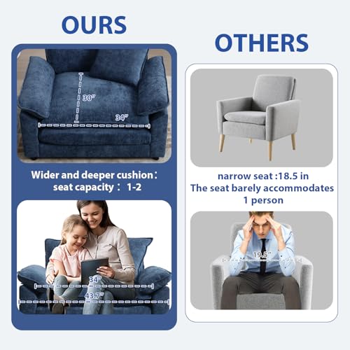 Modern Oversized Chair, Comfy Accent Chair Large Upholstered Armchair with Extra Thick and Deep Seat Lounge Chair for Living Room,Bedroom,Apartment, Chenille Blue - color: Blue, size: 1