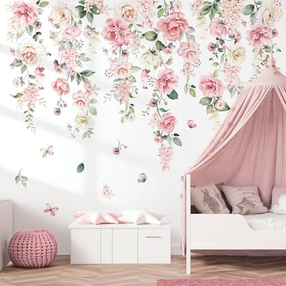 wondever Large Pink Flowers Wall Stickers Hanging Vine Floral Leaves Peel and Stick Wall Art Decals for Baby Nursery Girls Bedroom Living Room