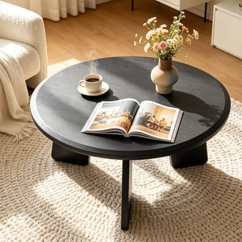 32" Round Coffee Table for Living Room, Wood Coffee Table with Solid Wood Legs, Small Center Table for Apartment, Modern Rustic Coffee Table with Anti-Resistant Top, Easy Assembly, Black - color: Circle, Black