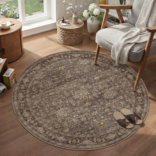 3x3 Dark Brown Vintage Round Rug | Washable, Non Slip, Soft Low Pile, Traditional Farmhouse, for Dining Room Entryway Living Room Bedroom Indoor - color: Brown, size: 3' (Round)