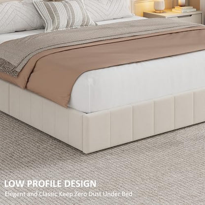 Garvee Queen Size Velvet Bed Frame with 4 Drawers, Adjustable Headboard | Upholstered Platform Bed with Vertical Channel Tufted Design, Noise Free Bed Frame, No Box Spring Needed, Easy Assembly - color: Beige