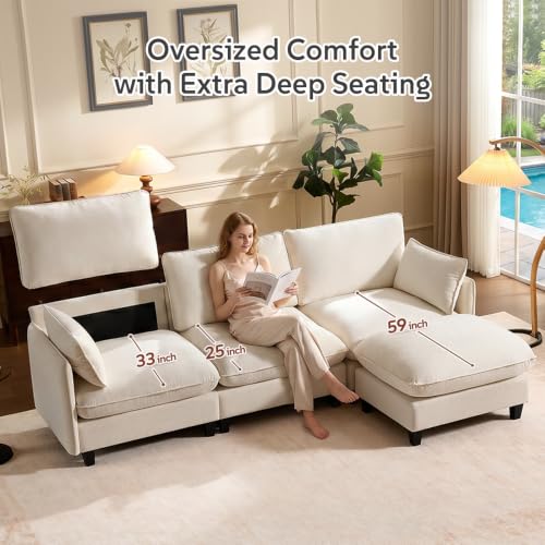 Ihanherry 105" Sleeper Sofa, Modular Sectional Cloud Couch with Oversized Large Cushions & 3 Movable Ottoman, Chenille Deep Seat Couch for Living Room, Beige - color: Beige Cream, size: 105“ 6 Seat Sleeper Sofa