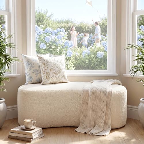 Zesthouse Upholstered Ottoman Bench for Bedroom, 39.8" Curved Sherpa End of Bed Bench, Modern Small Bench Seat for Living Room Entryway Hall Mudroom, Soft White Fabric Coffee Table, Crescent Shape - color: White Sherpa, size: No Storage