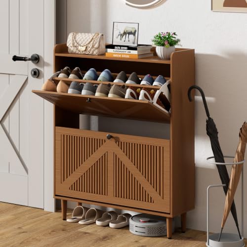Narrow Shoe Storage Cabinet with 2 Flip Drawers for Entryway (Walnut) | Adjustable & Removable Shelves, Slim Shoe Organizer Cabinet, for Hallway, Foyer, Entrance, Freestanding, Hidden, Thin, Fluted - color: Walnut