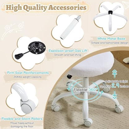 VINGLI Small Vanity Chair with Faux Fur Wheels for Girls,Cute Adjustable Height Armless Office Desk Chair,360°Swivel Comfy Rolling for Study,Make up Room,Small Space,White - color: Furry White