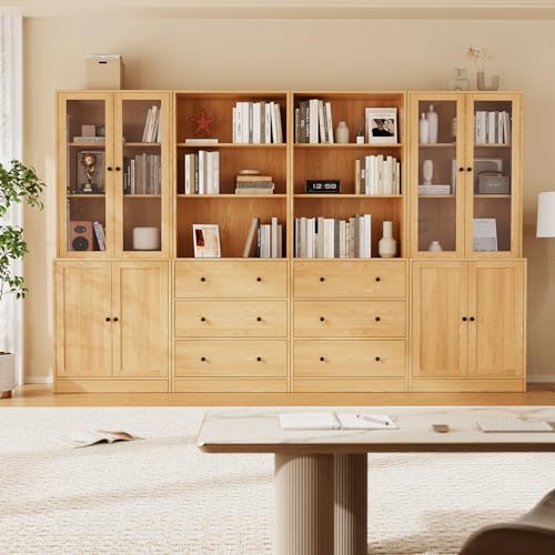 TUSY 71" H Bookshelf with Storage, Modern Bookcase with Drawer (Wood, AABB) | 6-Tier Bookshelves with 3 Large Drawer, Display Bookcase with Glass Doors, Wooden Curio Cabinet for Home Office, Dining Room - color: Wood