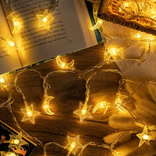 Whimsigoth Star and Moon Decor String Lights, Indoor Bedroom Classroom Dorm Patio Party Wedding Decor, Warm White Plug or Battery (30ft Plug-in) - size: 30ft Plug-In