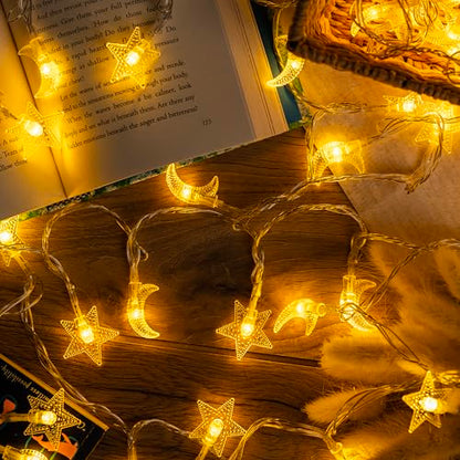 Whimsigoth Star and Moon Decor String Lights, Indoor Bedroom Classroom Dorm Patio Party Wedding Decor, Warm White (9ft Battery Powered) - size: 9ft Battery